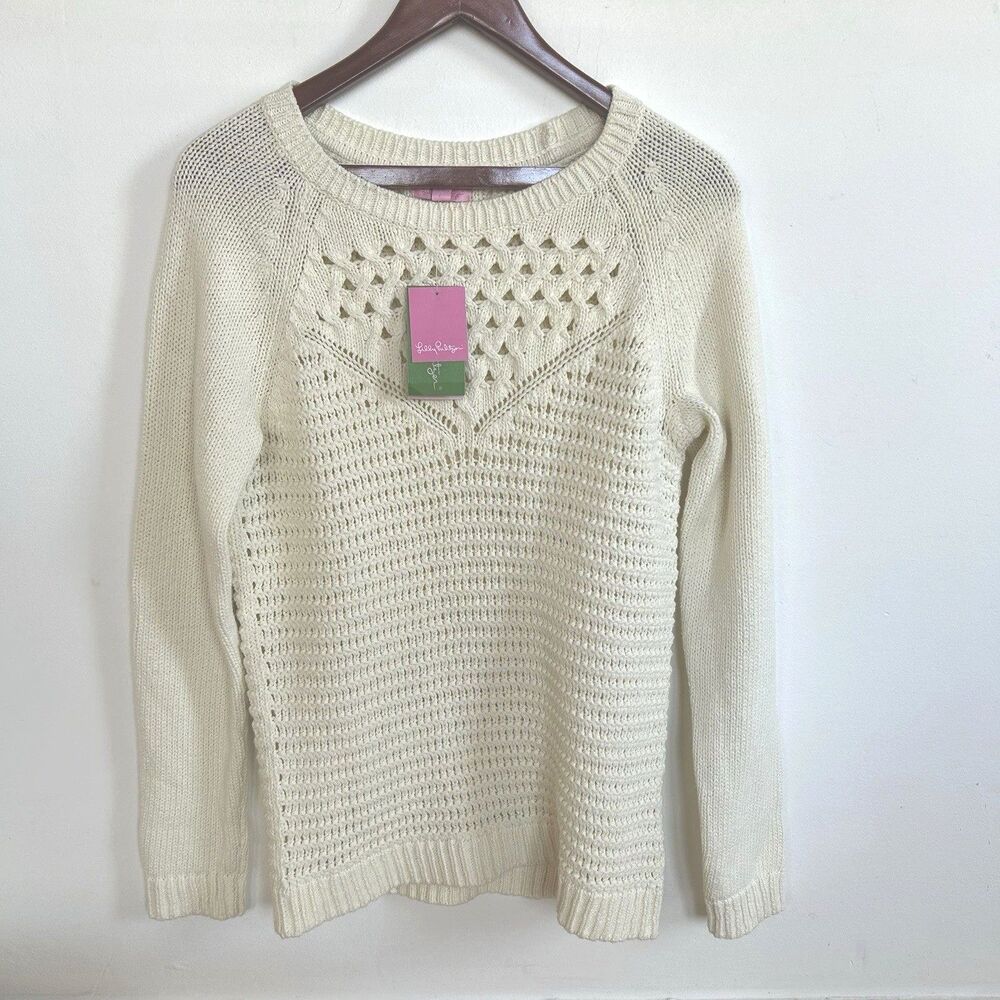 Lilly Pulitzer Penelope Pullover Cream Knit Crew Neck Cotton Sweater Size L NEW